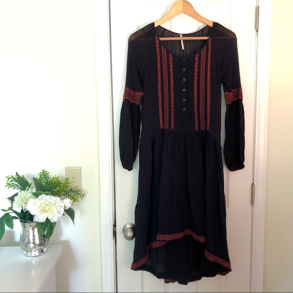 Free People navy & rust embroidered peasant dress